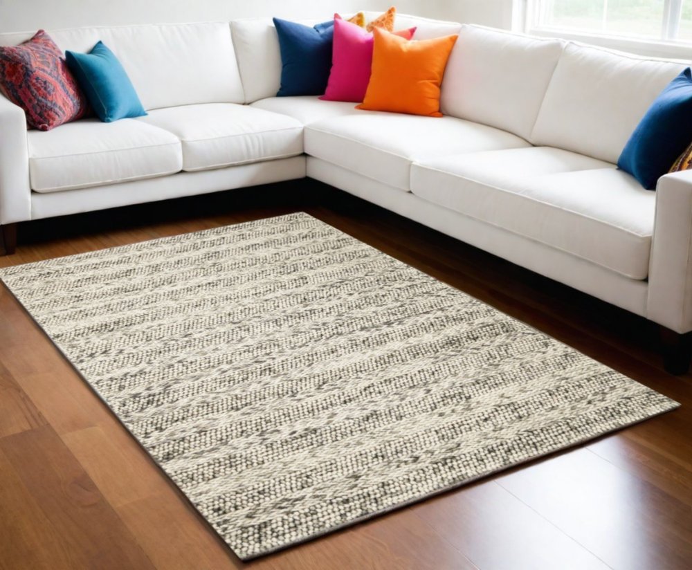 7' X 9' Gray And Ivory Wool Striped Hand Woven Area Rug