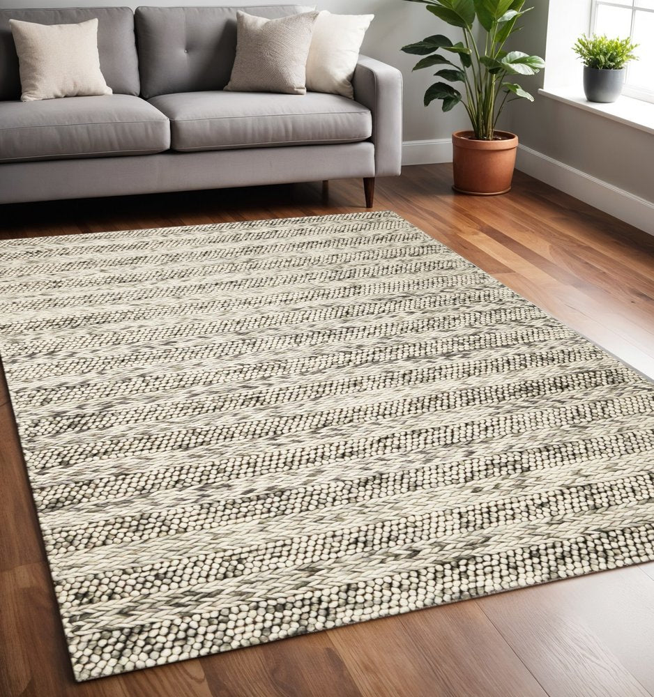 7' X 9' Gray And Ivory Wool Striped Hand Woven Area Rug
