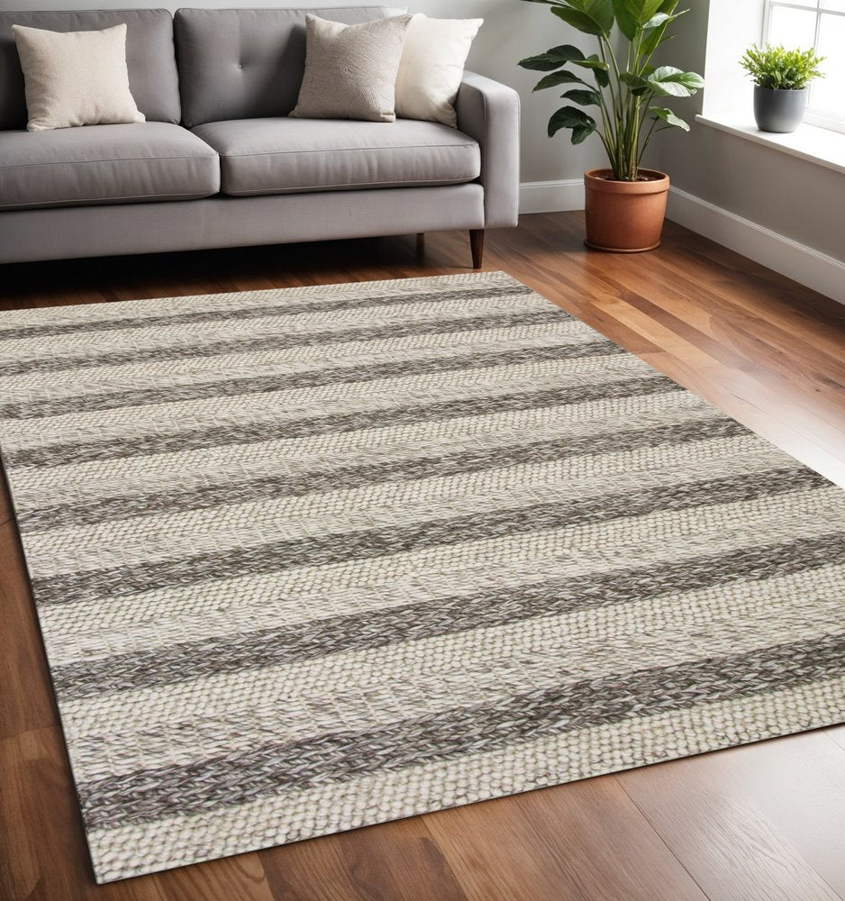 9' X 13' Brown Gray And Ivory Wool Striped Hand Woven Area Rug