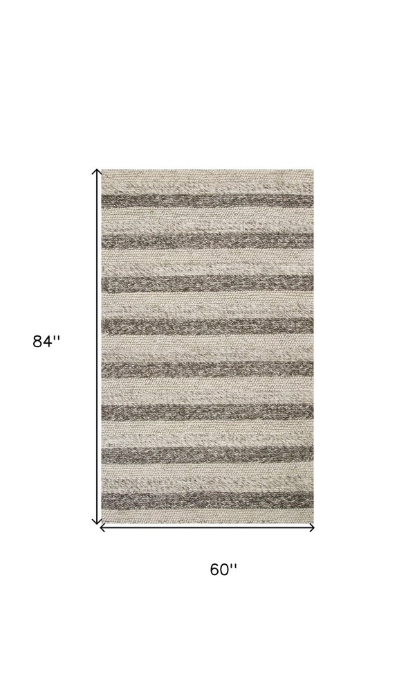 9' X 13' Brown Gray And Ivory Wool Striped Hand Woven Area Rug