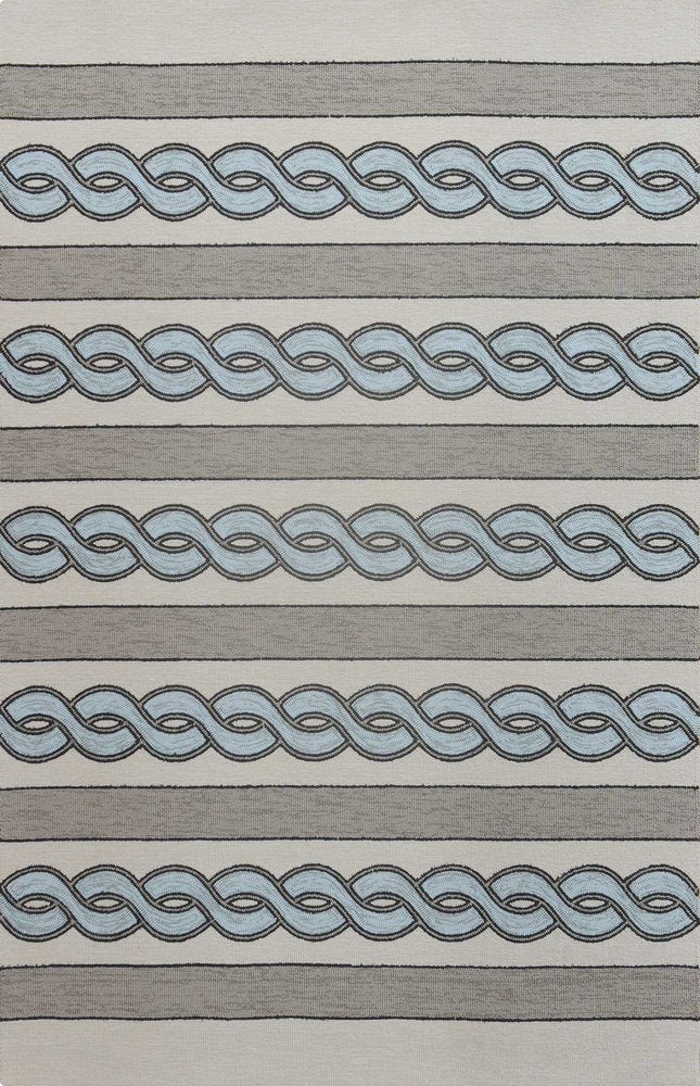 6' X 9' Ivory Light Blue And Gray Geometric Hand Hooked Area Rug