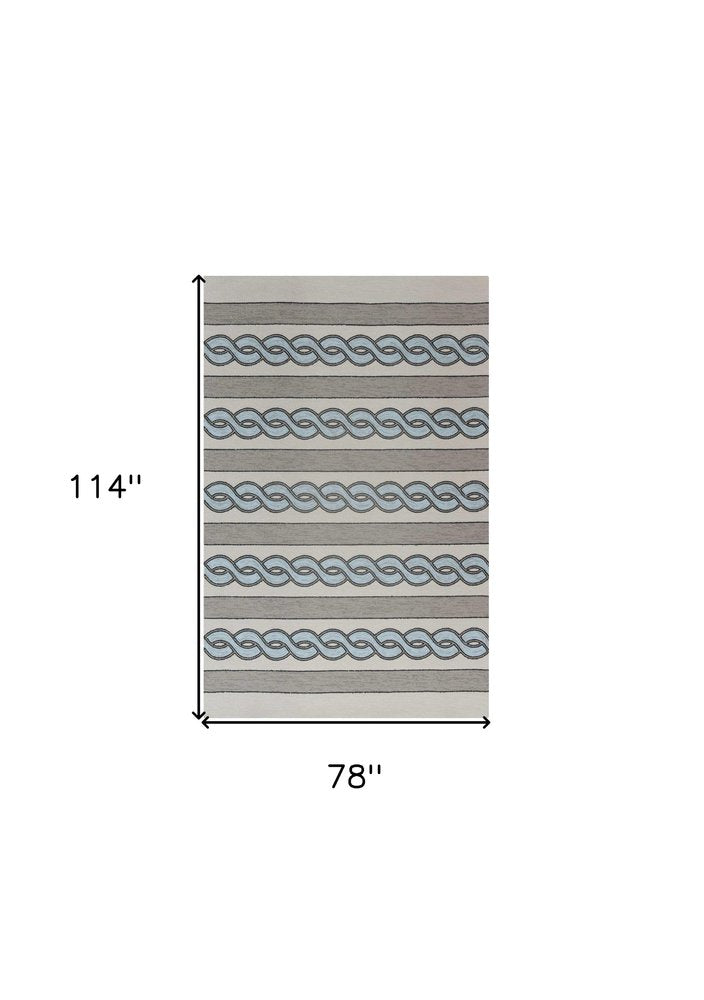 6' X 9' Ivory Light Blue And Gray Geometric Hand Hooked Area Rug