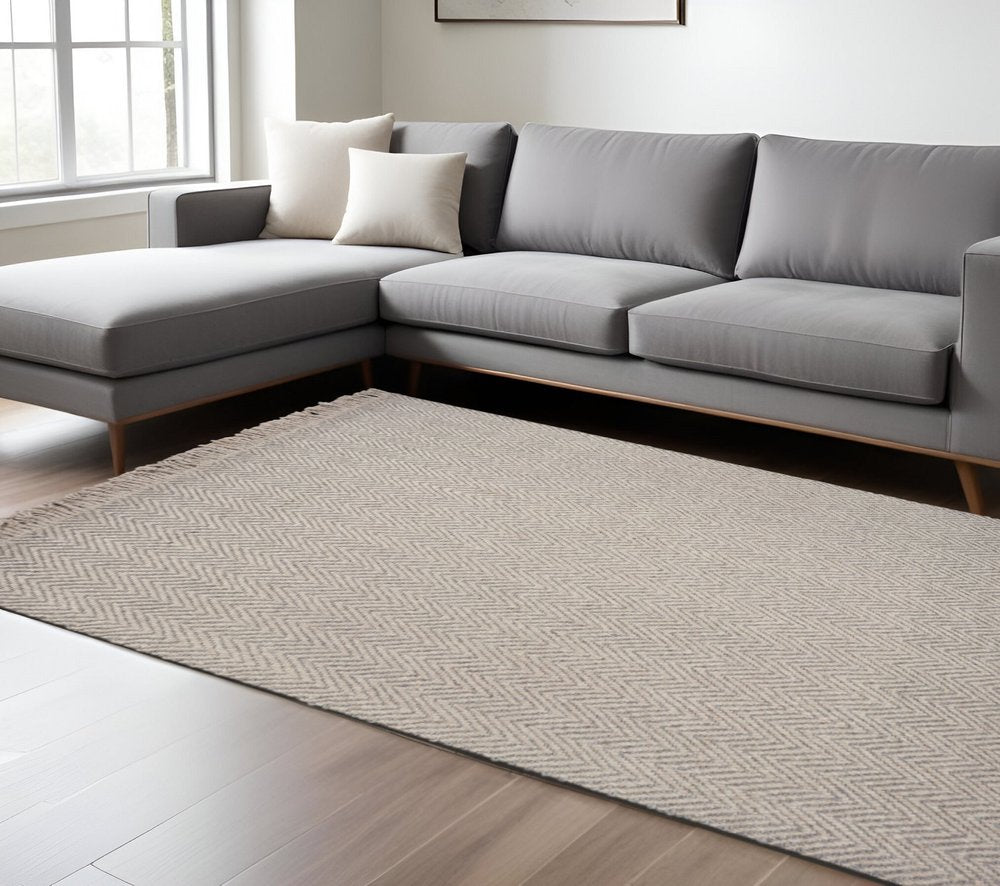 3' X 5' Beige And Gray Wool Chevron Hand Woven Area Rug