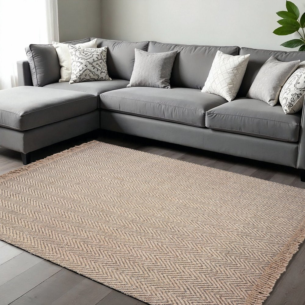 3' X 5' Beige And Gray Wool Chevron Hand Woven Area Rug