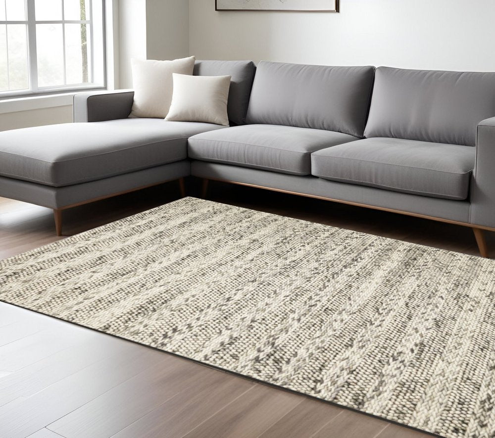7' X 9' Gray And Ivory Wool Striped Hand Woven Area Rug