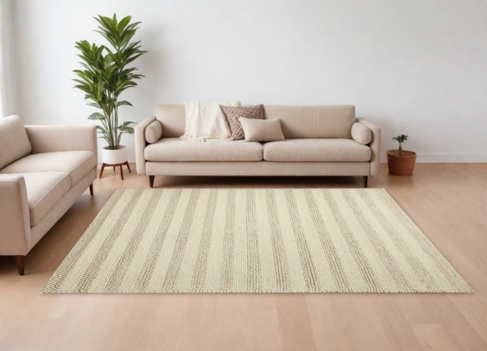 9' X 13' Ivory And White Wool Striped Hand Woven Area Rug