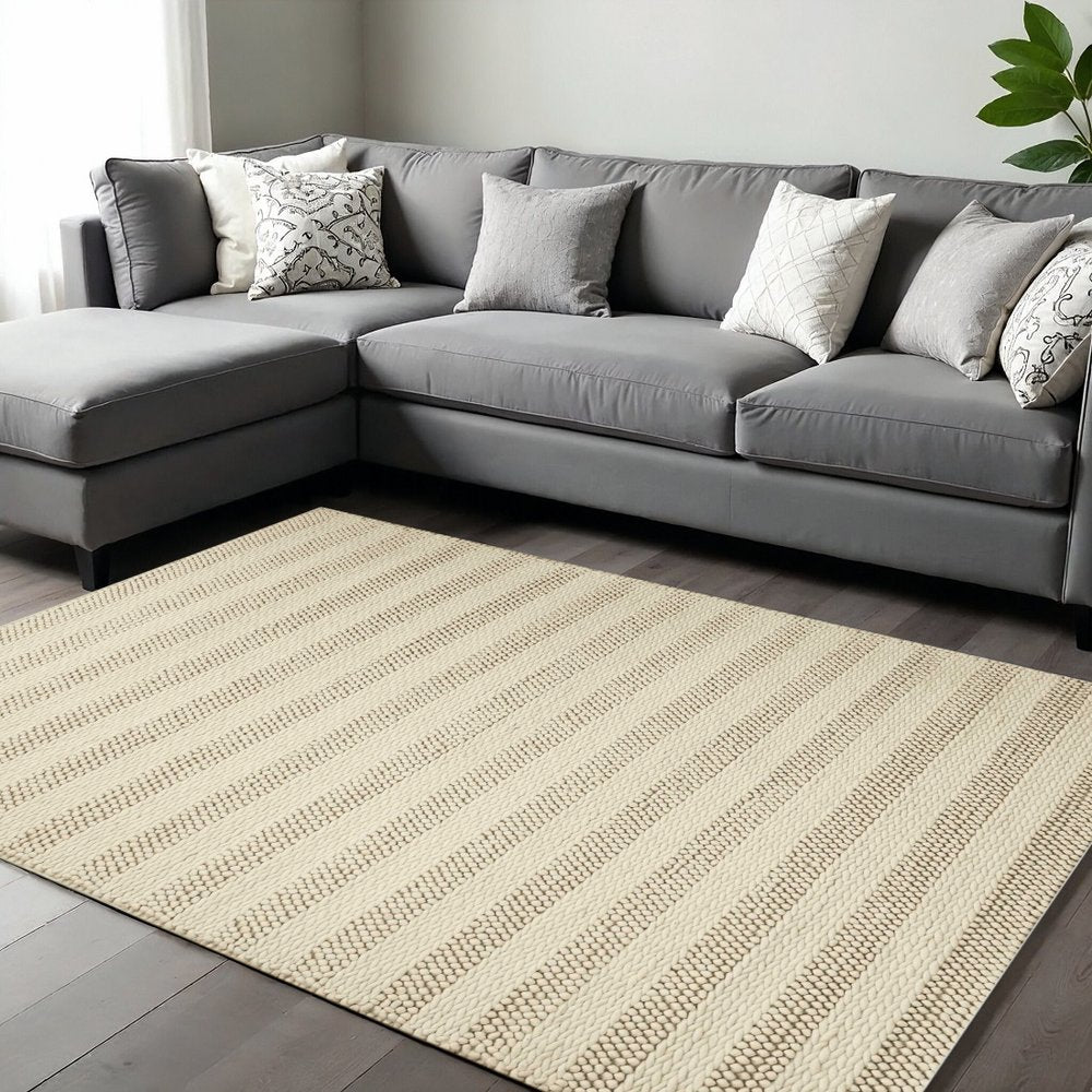 9' X 13' Ivory And White Wool Striped Hand Woven Area Rug