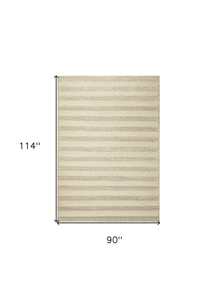 9' X 13' Ivory And White Wool Striped Hand Woven Area Rug