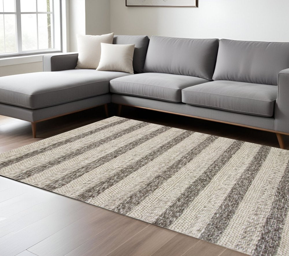 9' X 13' Brown Gray And Ivory Wool Striped Hand Woven Area Rug