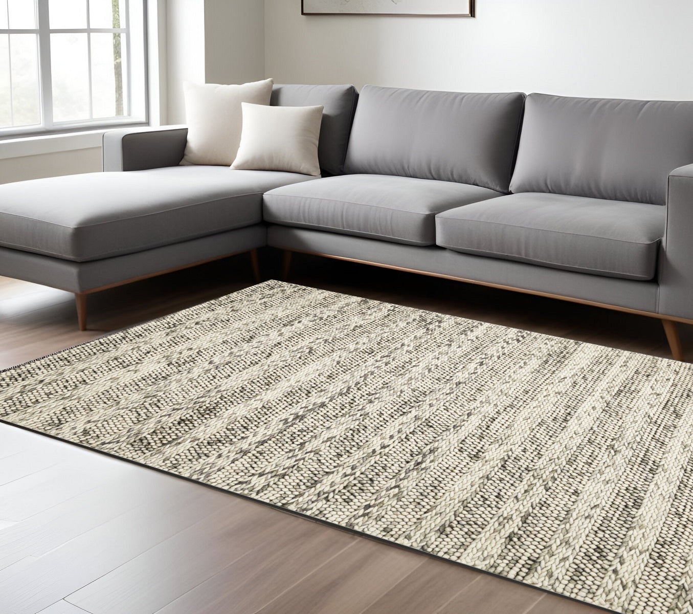 7' X 9' Gray And Ivory Wool Striped Hand Woven Area Rug