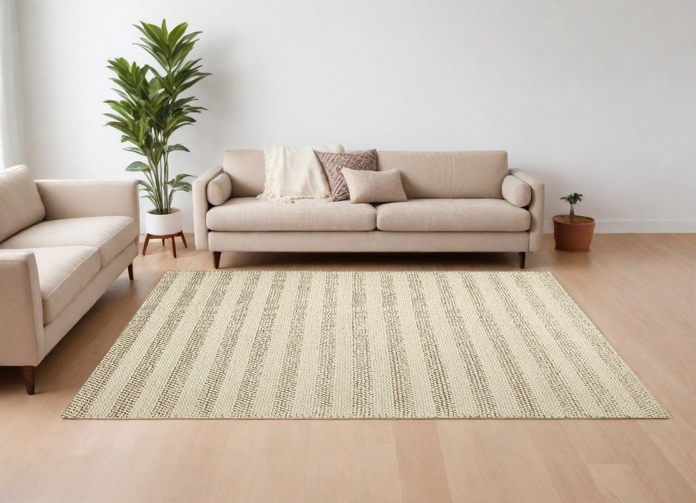 9' X 13' Ivory And White Wool Striped Hand Woven Area Rug