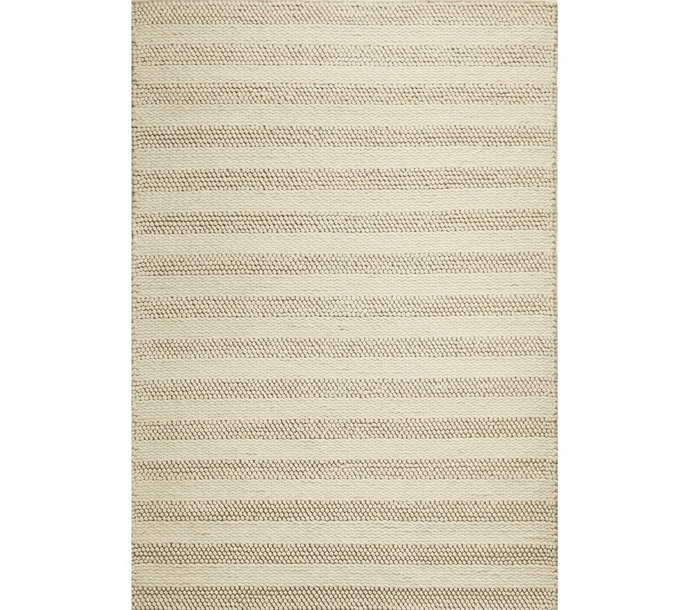 9' X 13' Ivory And White Wool Striped Hand Woven Area Rug
