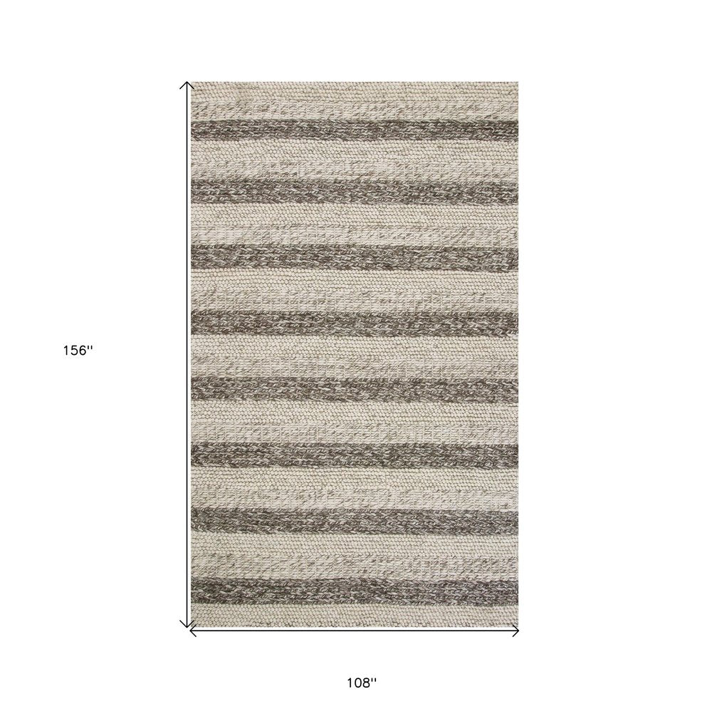 9' X 13' Brown Gray And Ivory Wool Striped Hand Woven Area Rug