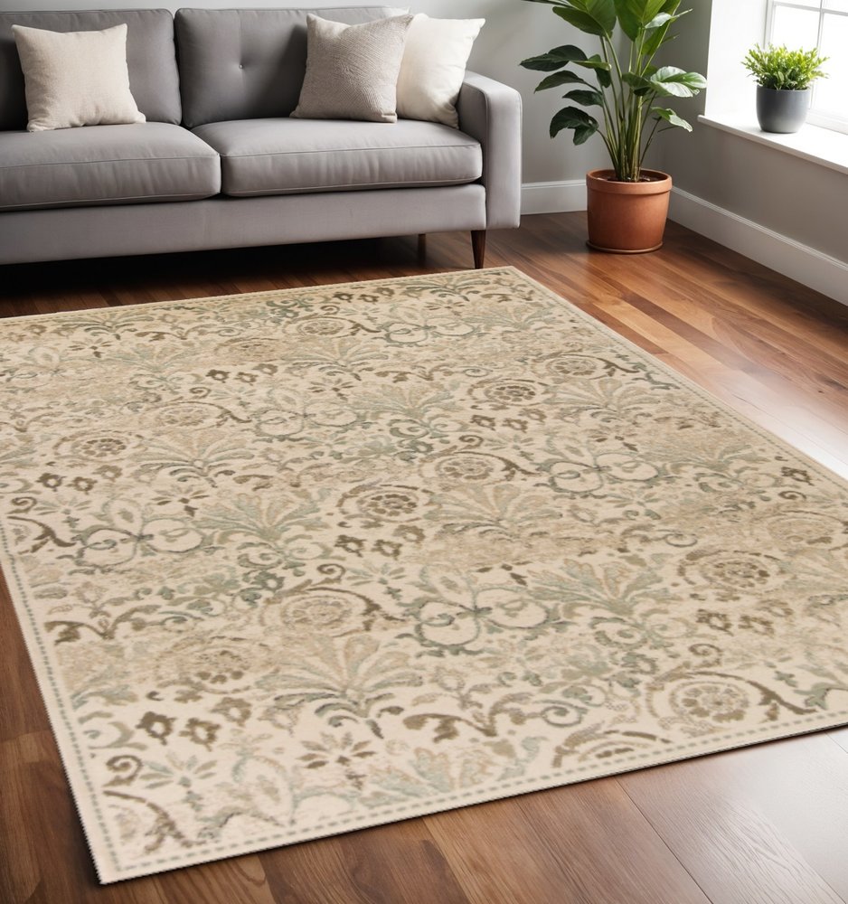 5' X 8' Ivory And Brown Floral Medallion Area Rug