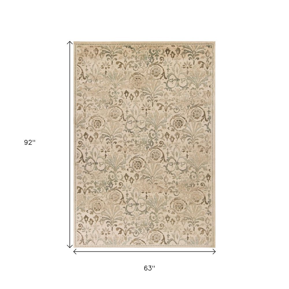 5' X 8' Ivory And Brown Floral Medallion Area Rug