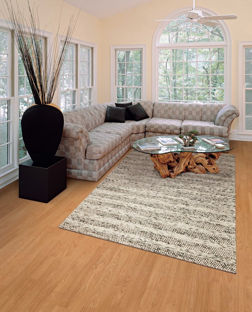 7' X 9' Gray And Ivory Wool Striped Hand Woven Area Rug