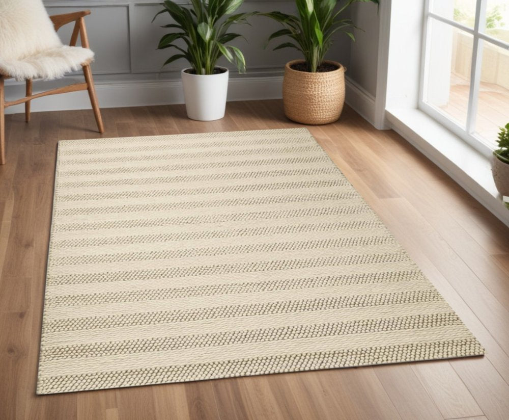 9' X 13' Ivory And White Wool Striped Hand Woven Area Rug