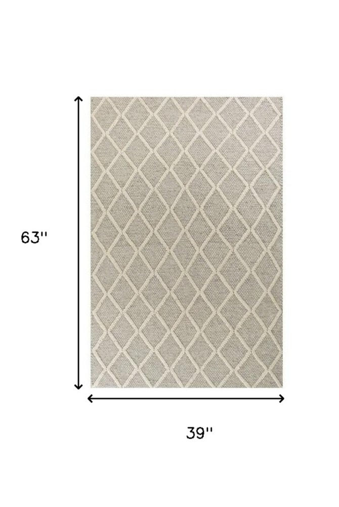3' X 5' Dark Gray And Ivory New Zealand Lambs Wool Diamond Hand Woven Area Rug
