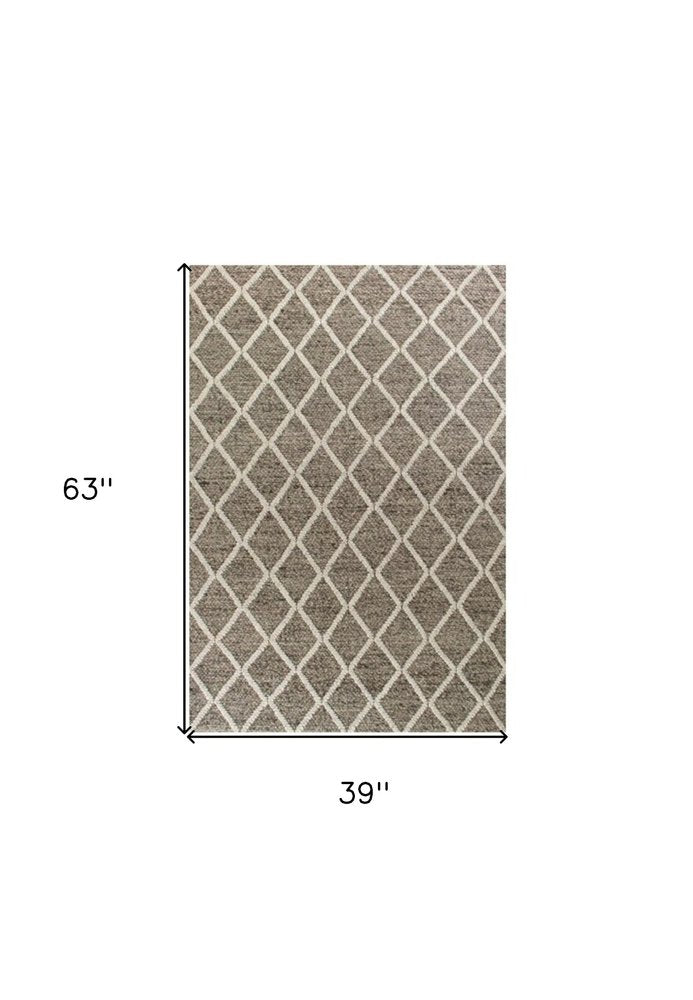 3' X 5' Dark Gray And Ivory New Zealand Lambs Wool Diamond Hand Woven Area Rug
