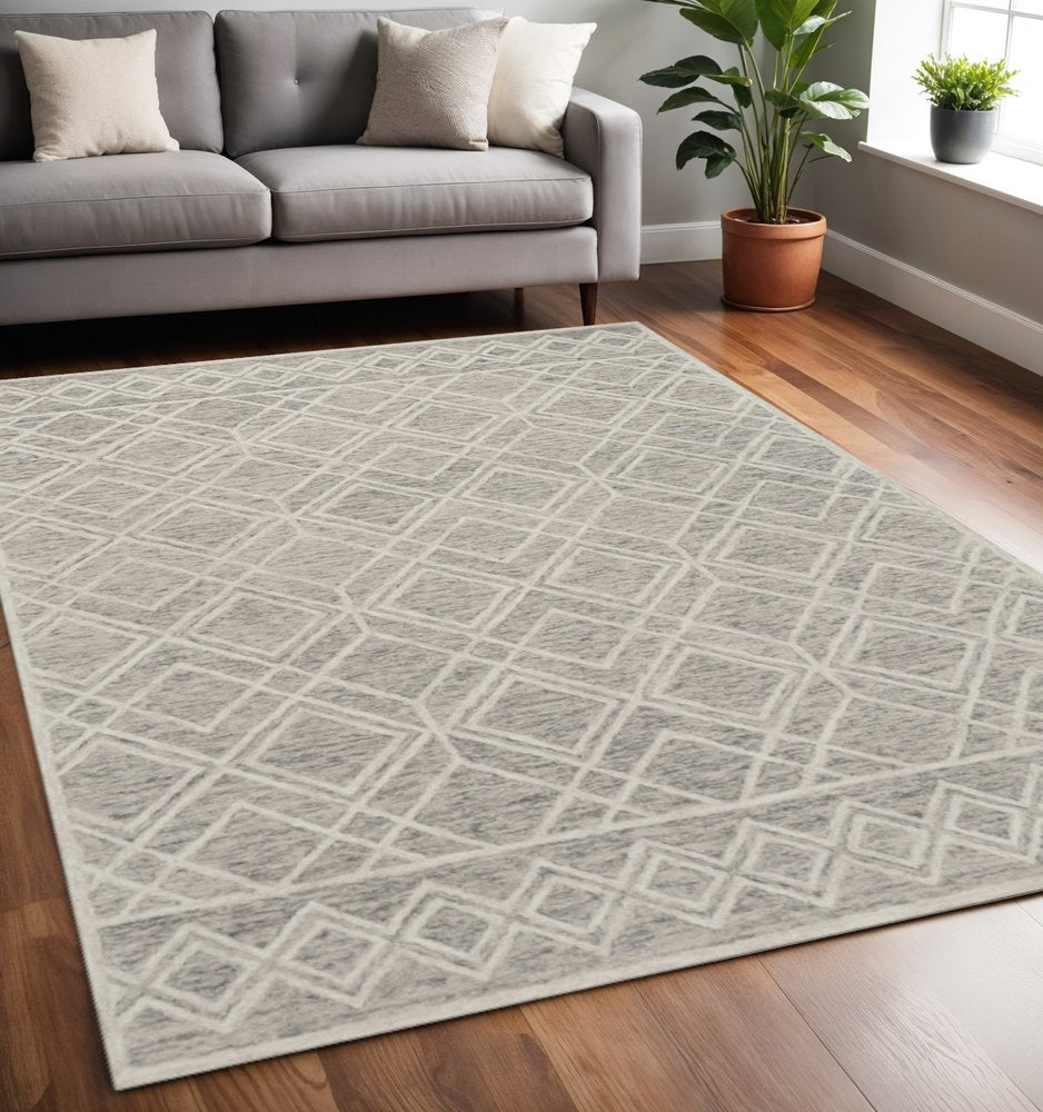 9' X 12' Sand Beige And Ivory Wool Geometric Hand Tufted Area Rug