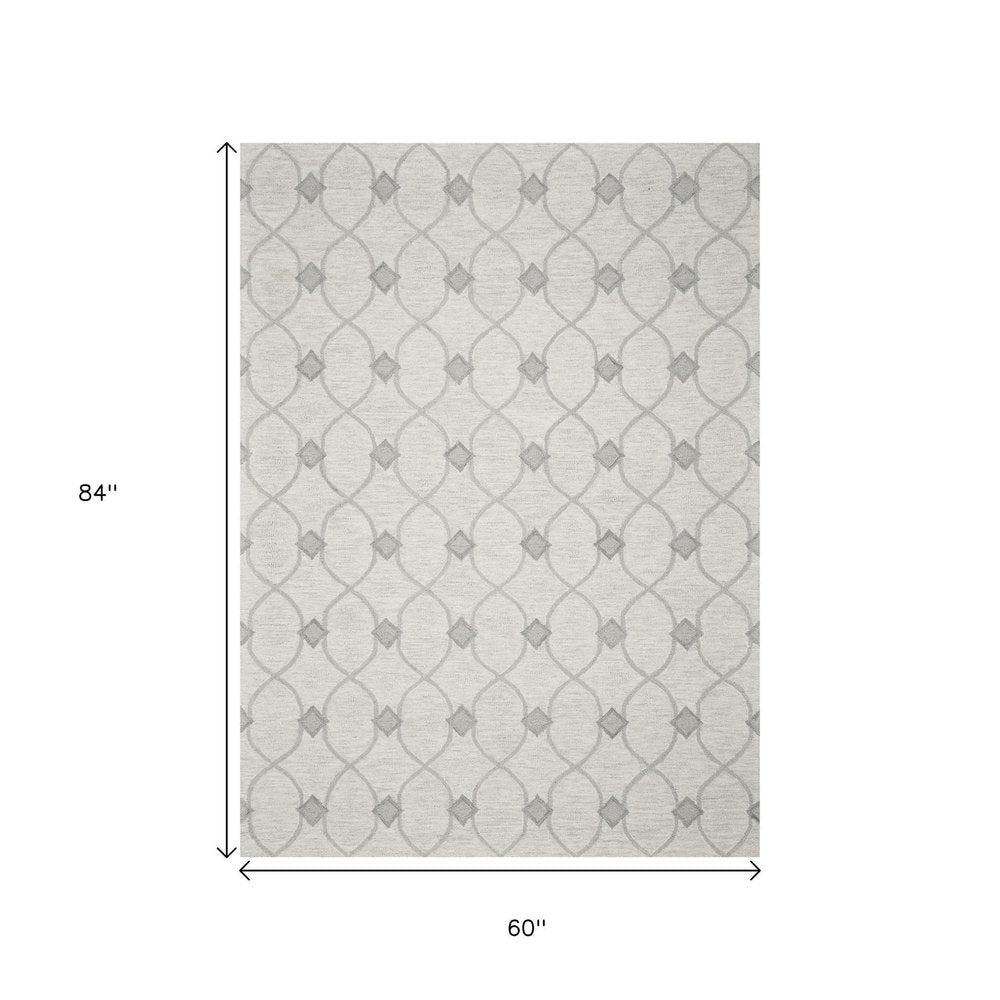 5' X 7' Ivory And Gray Wool Ogee Hand Tufted Area Rug