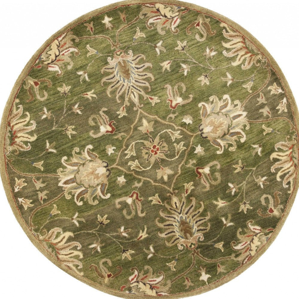 5' Green Red And Ivory New Zealand Lambs Wool Floral Medallion Hand Tufted Round Rug