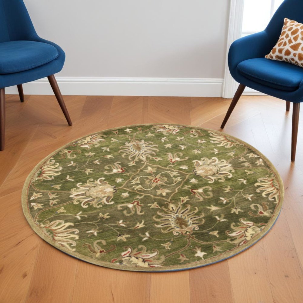 5' Green Red And Ivory New Zealand Lambs Wool Floral Medallion Hand Tufted Round Rug