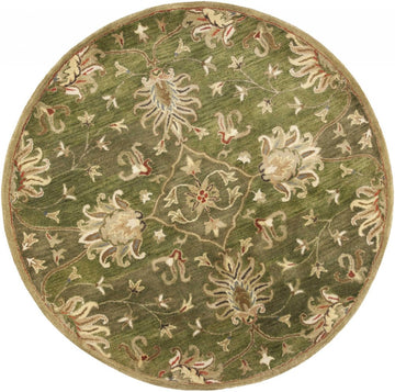 5' Green Red And Ivory New Zealand Lambs Wool Floral Medallion Hand Tufted Round Rug