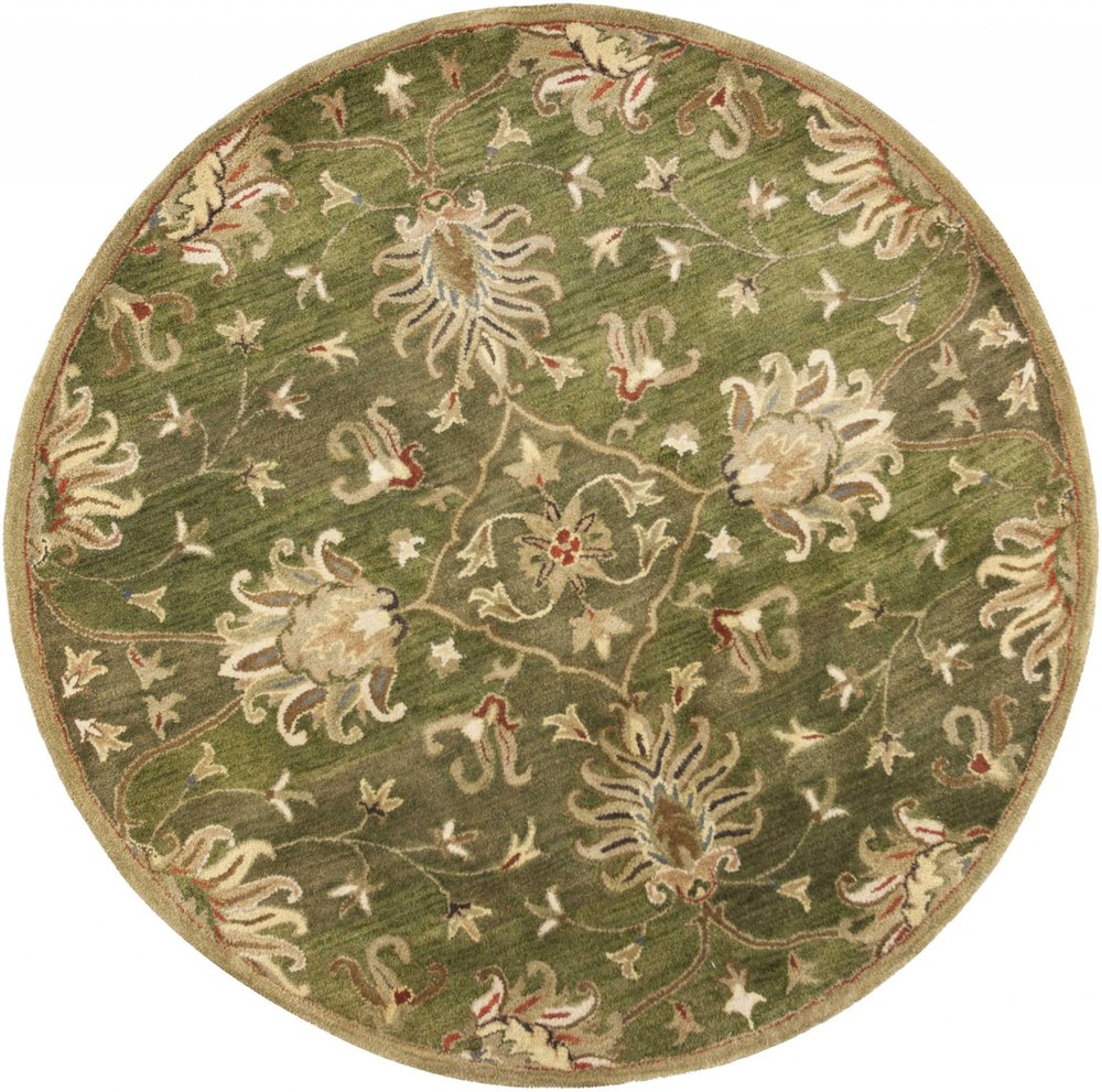 5' Green Red And Ivory New Zealand Lambs Wool Floral Medallion Hand Tufted Round Rug