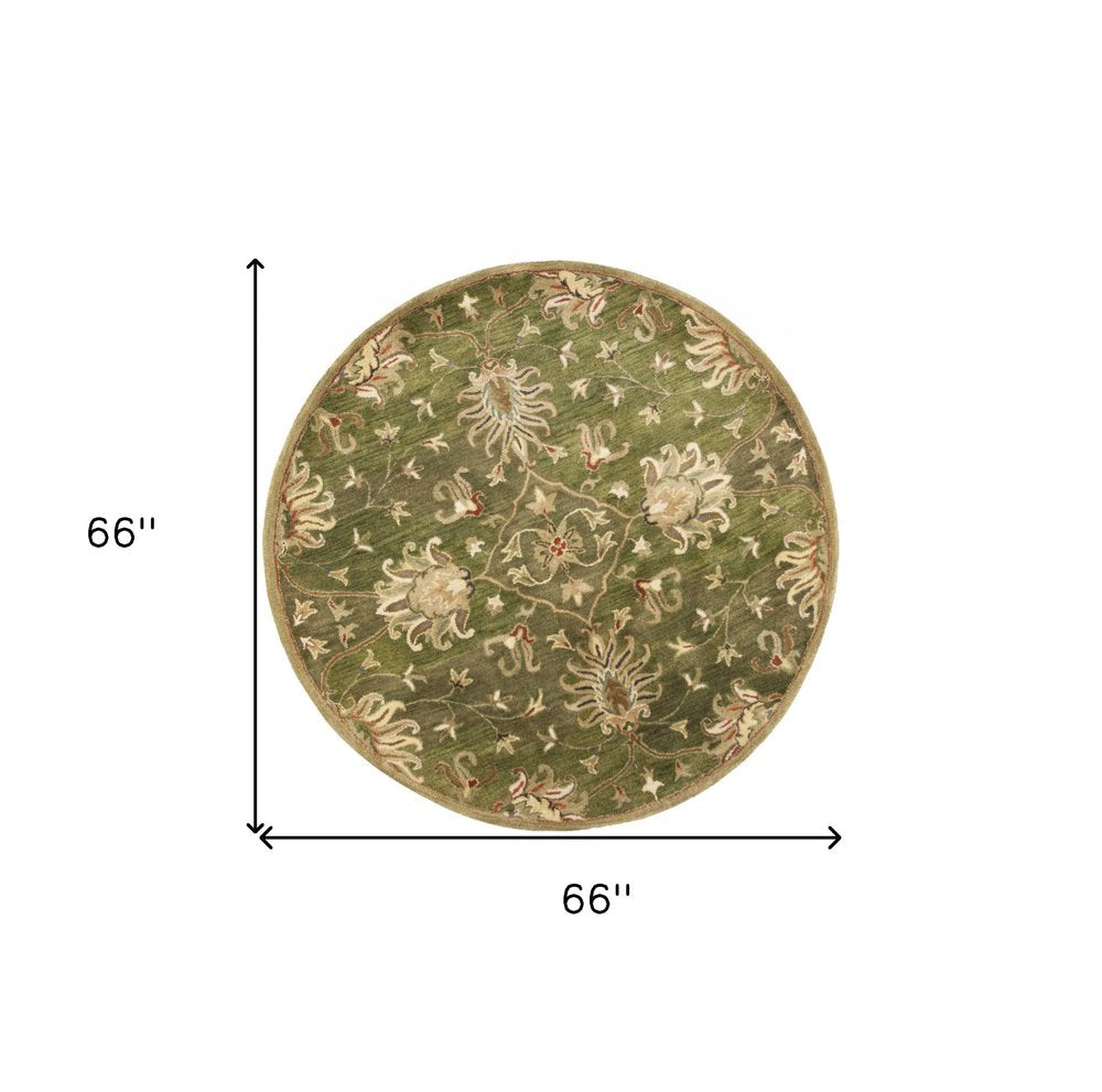 5' Green Red And Ivory New Zealand Lambs Wool Floral Medallion Hand Tufted Round Rug
