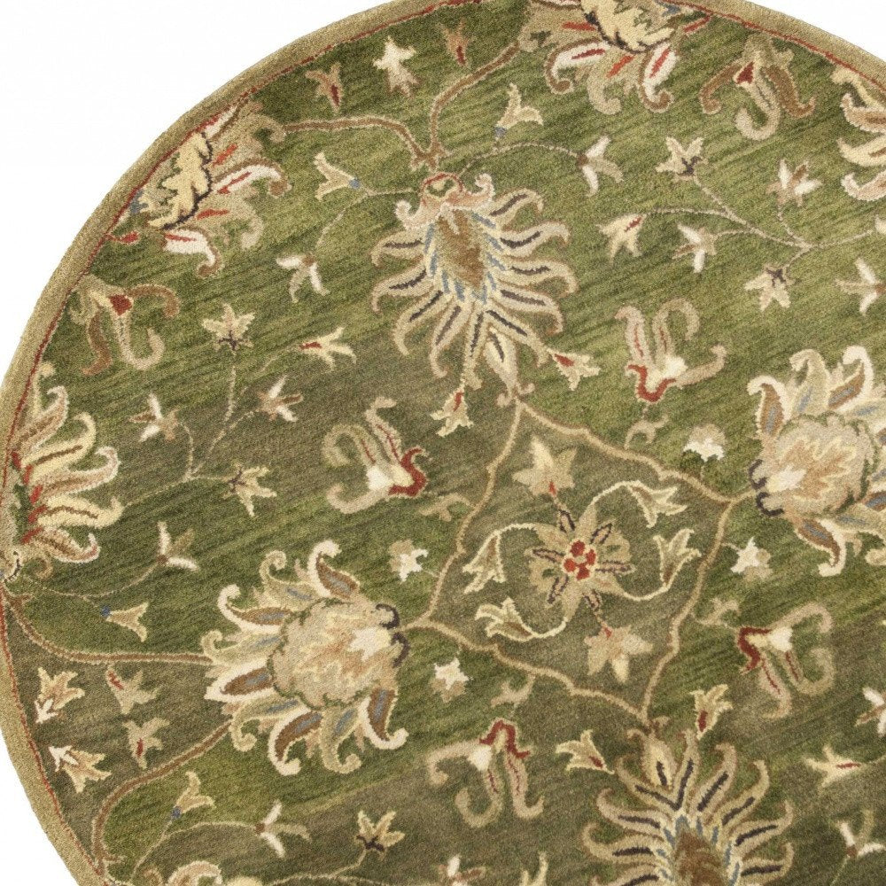 5' Green Red And Ivory New Zealand Lambs Wool Floral Medallion Hand Tufted Round Rug