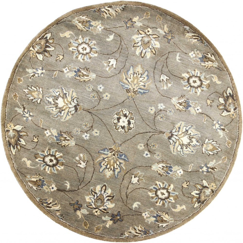 5' Gray Ivory And Brown Wool Floral Hand Tufted Round Rug
