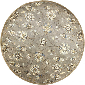 5' Gray Ivory And Brown Wool Floral Hand Tufted Round Rug