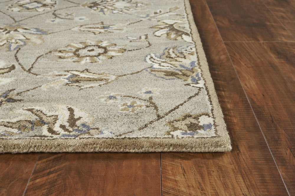5' Gray Ivory And Brown Wool Floral Hand Tufted Round Rug