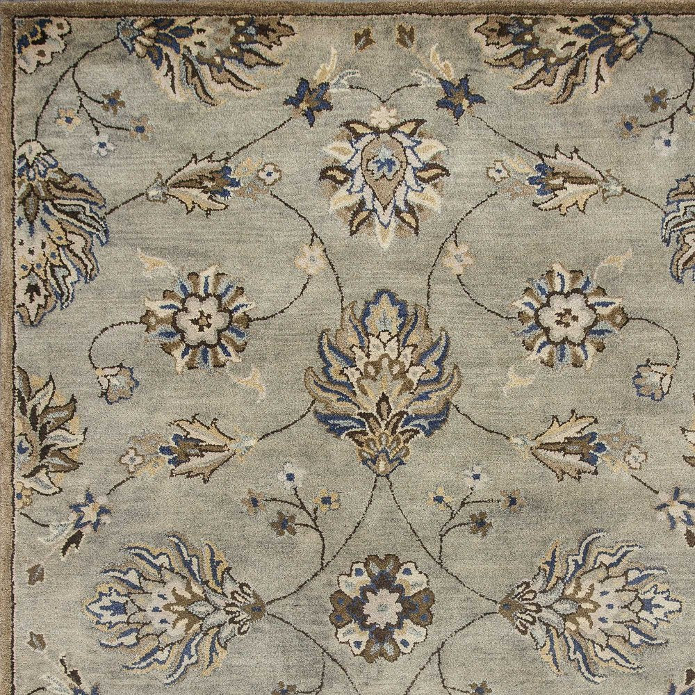 5' Gray Ivory And Brown Wool Floral Hand Tufted Round Rug