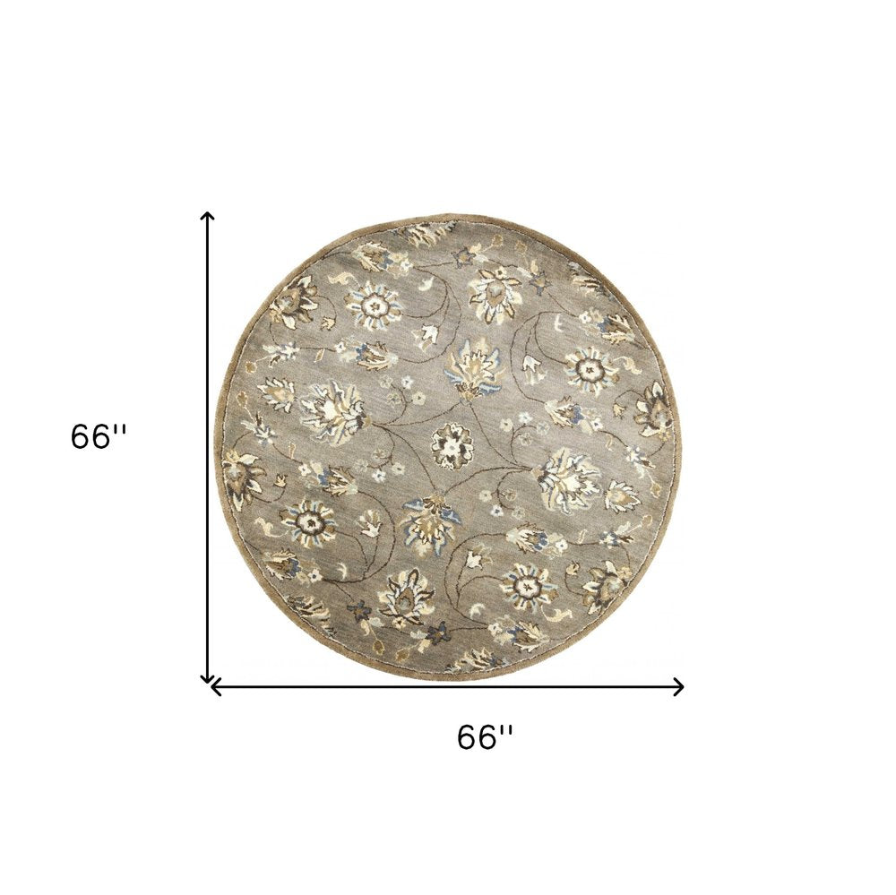 5' Gray Ivory And Brown Wool Floral Hand Tufted Round Rug