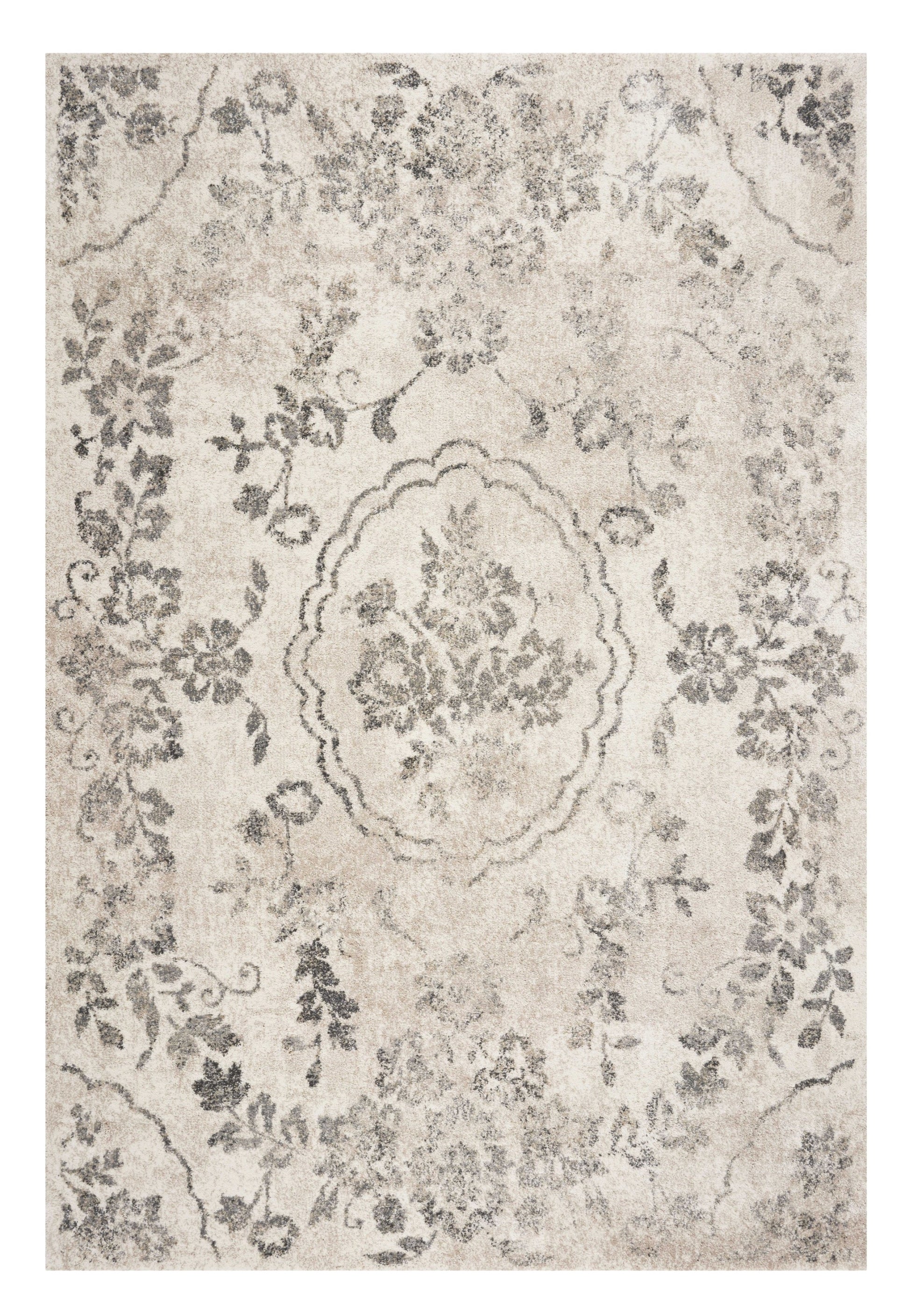5' X 8' Gray And Tan Floral Distressed Area Rug