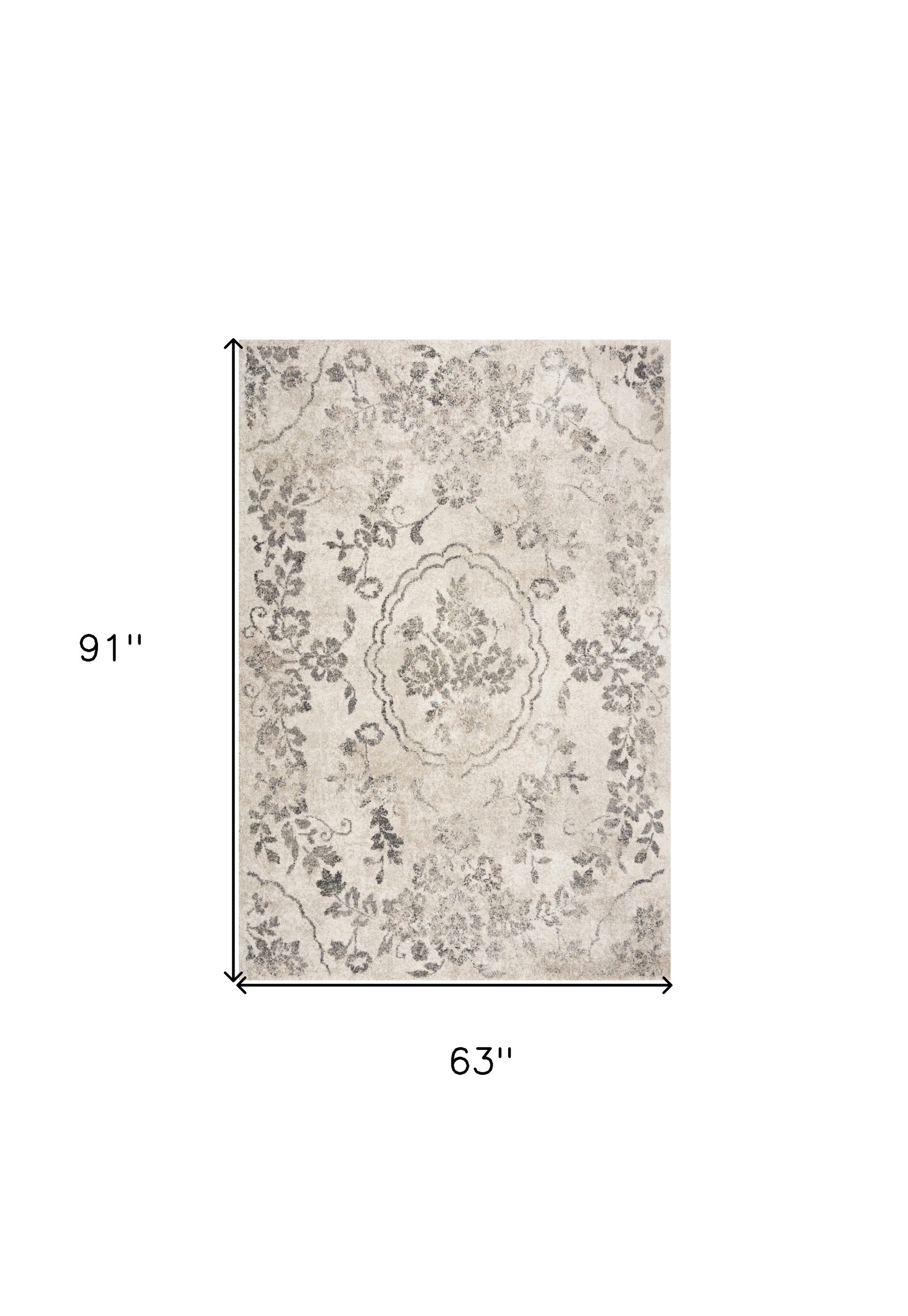 5' X 8' Gray And Tan Floral Distressed Area Rug