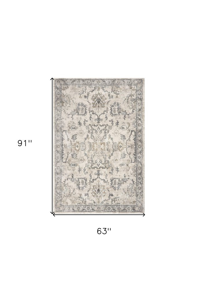 5' X 8' Ivory And Gray Floral Medallion Area Rug