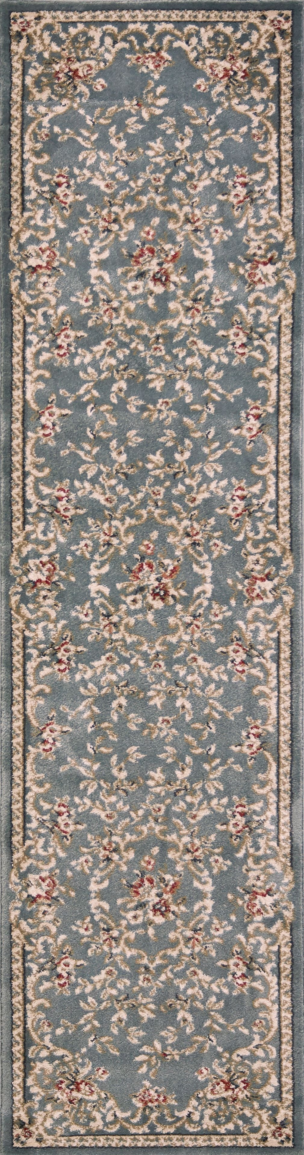 8' Slate Blue Red And Ivory Floral Medallion Runner Rug