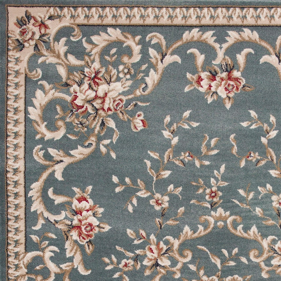 8' Slate Blue Red And Ivory Floral Medallion Runner Rug