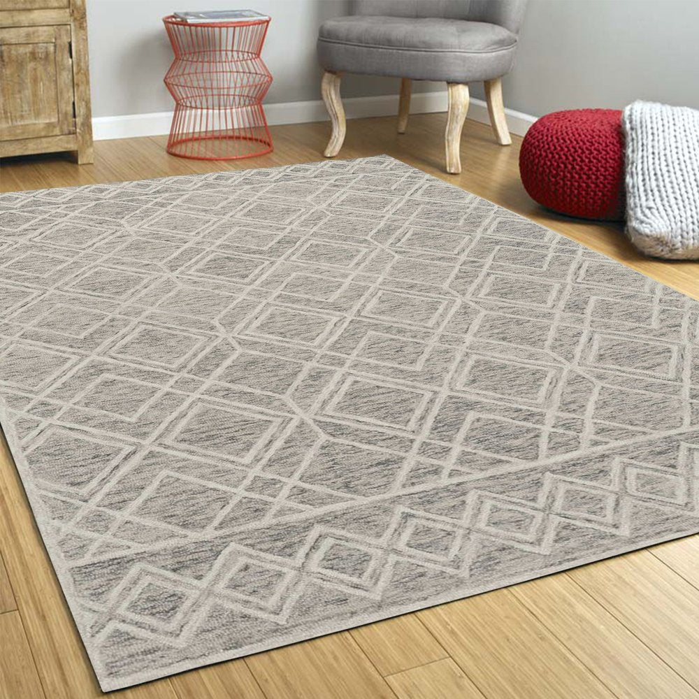 9' X 12' Sand Beige And Ivory Wool Geometric Hand Tufted Area Rug