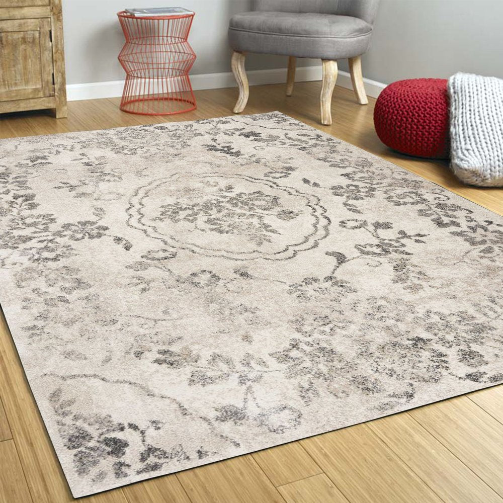 5' X 8' Gray And Tan Floral Distressed Area Rug
