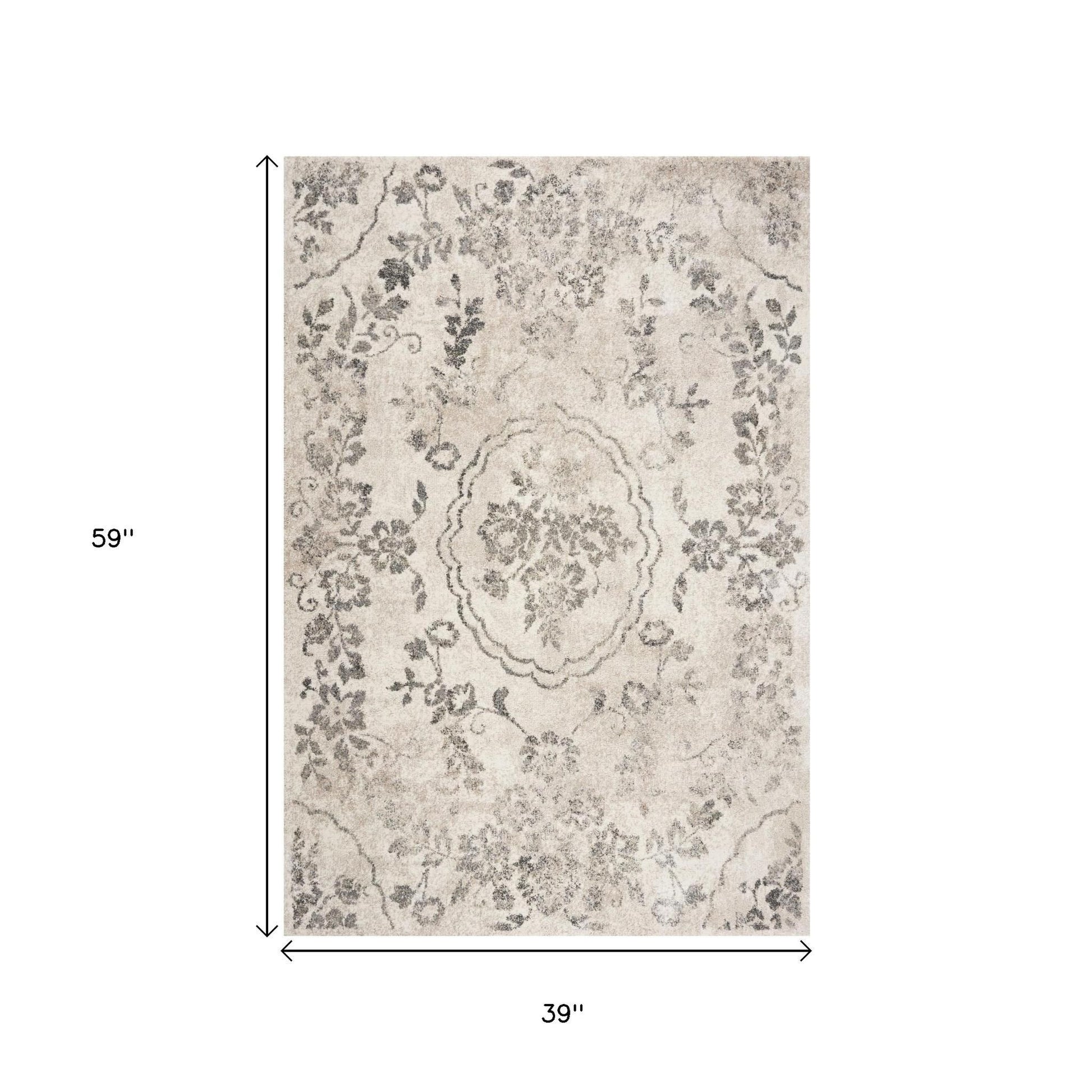5' X 8' Gray And Tan Floral Distressed Area Rug