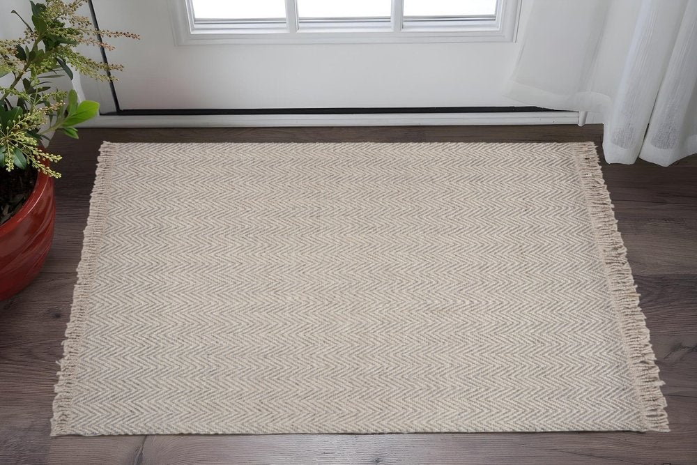 3' X 5' Beige And Gray Wool Chevron Hand Woven Area Rug