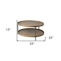 33" Brown and Black Solid Wood and Iron Round Coffee Table With Shelf