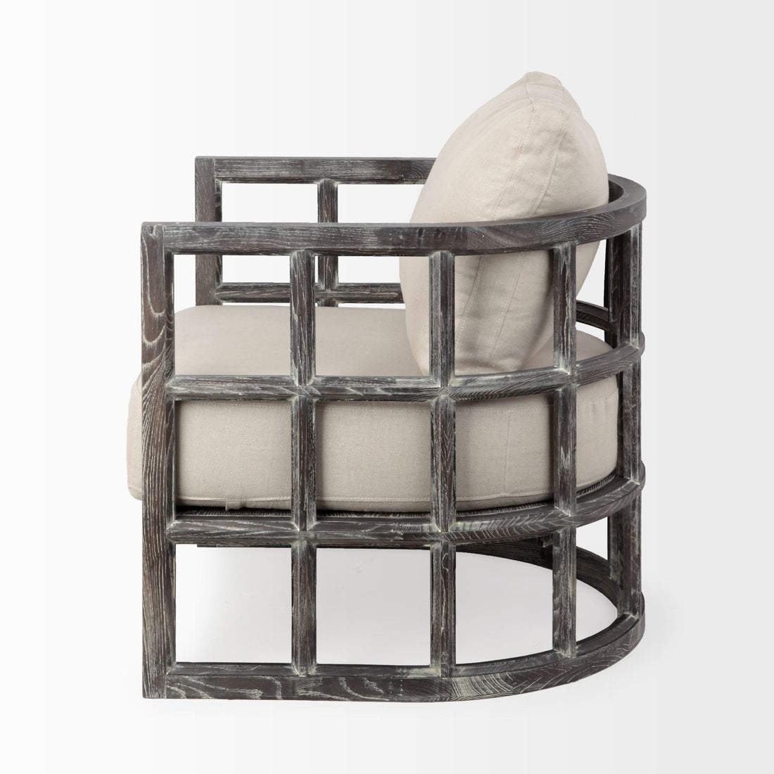30" Cream and Brown Fabric Distressed Arm Chair