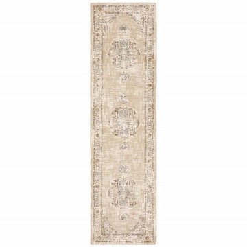 8' Beige And Ivory Medallion Runner Rug