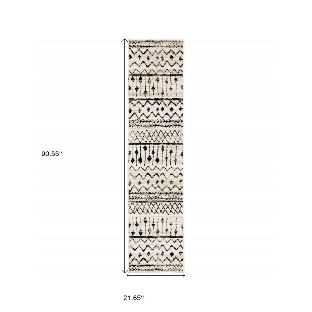 8' Ivory And Black Tribal Runner Rug