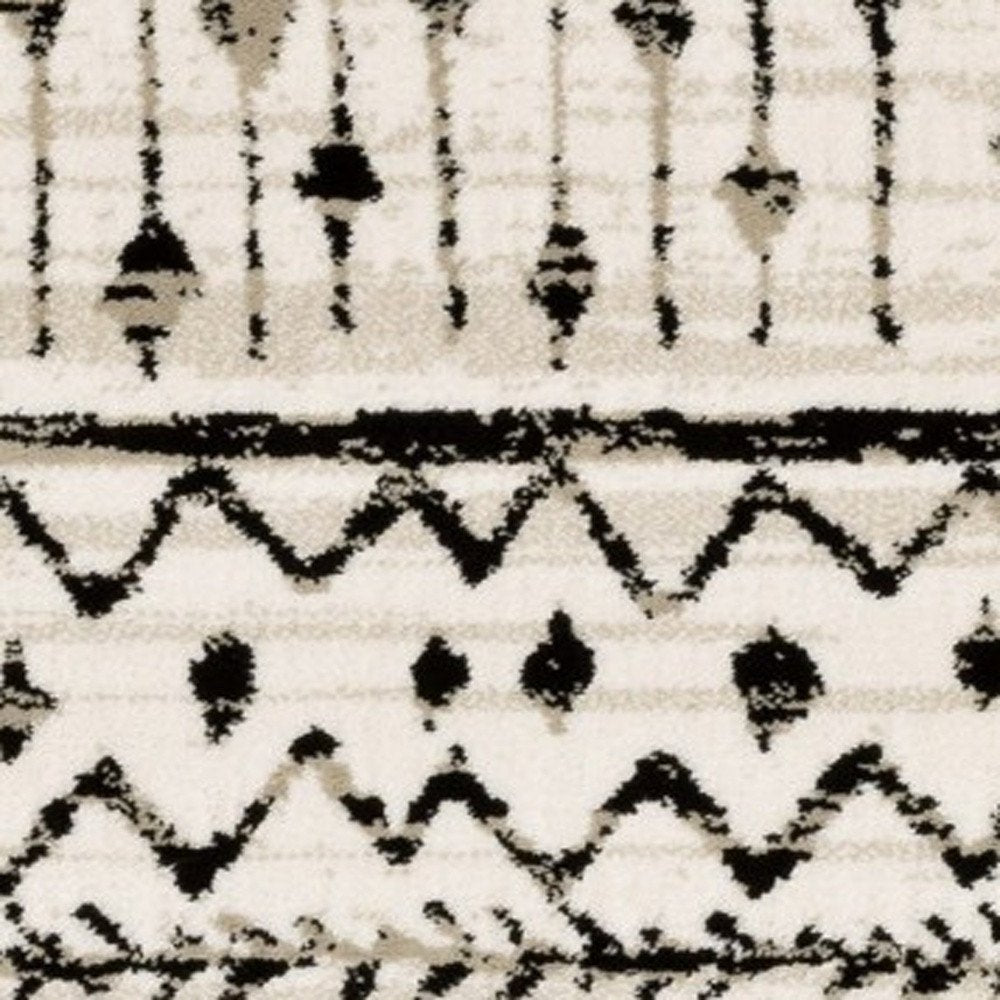 8' Ivory And Black Tribal Runner Rug